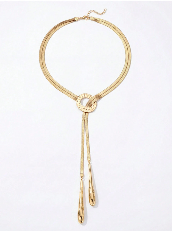 Summer Y-Shaped Tassel Necklace Gold Snake Chain Circle Pendant for Women