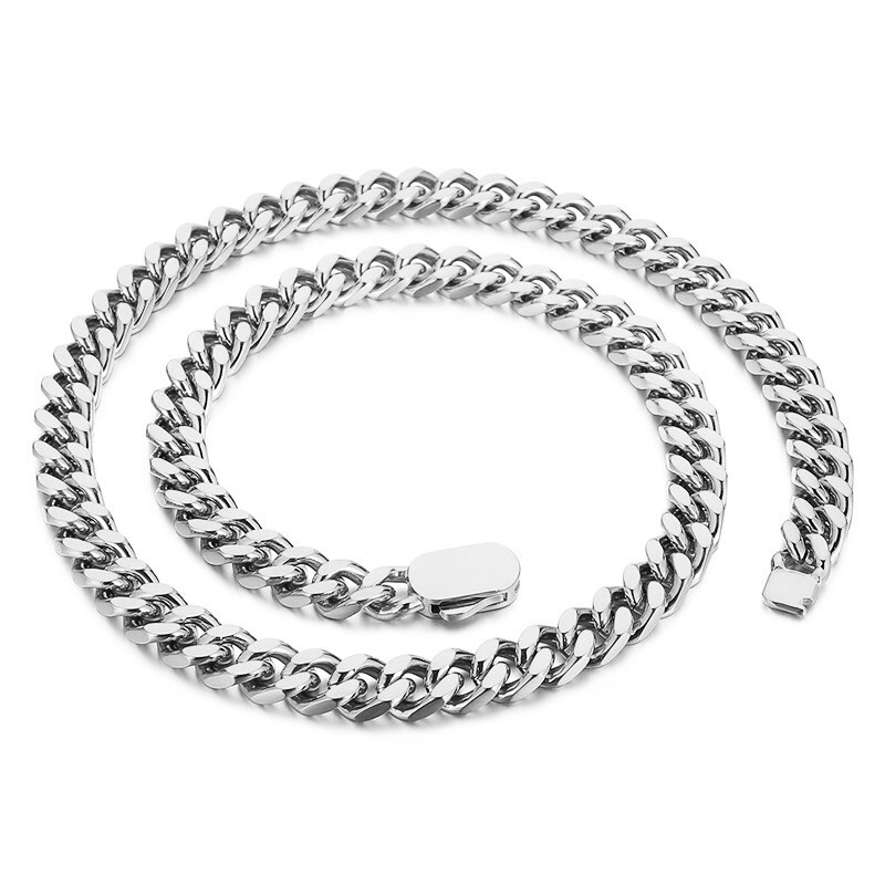 11mm Curb Chain For Mens Necklace Flat Cuban Stainless Steel Jewelry 24” Polish