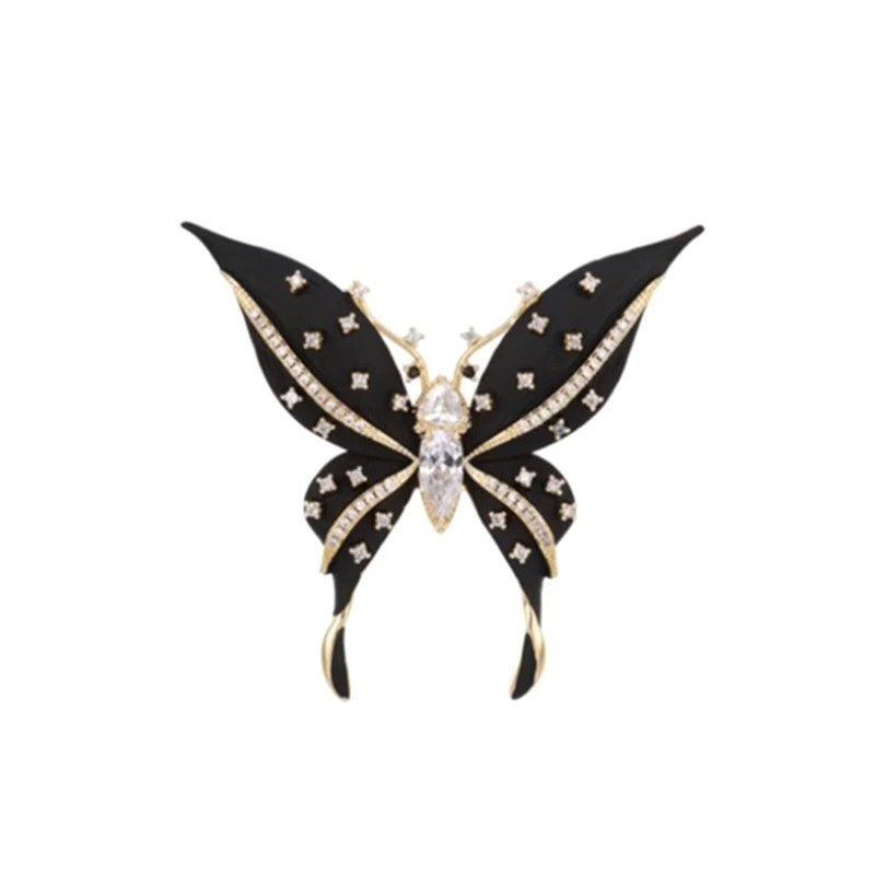 Vintage Black Enamel Butterfly Brooch Gold Tone Crystal Rhinestone Pin