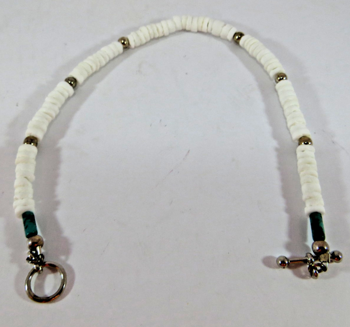 Heishi Bracelet, 9.5 in, Heishi White Shell, Turquoise and Silver-Plated beads