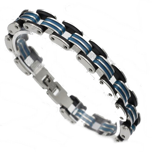 MENS STAINLESS STEEL AND BLUE RUBBER ORIGINAL 0150 STRAP BRACELET