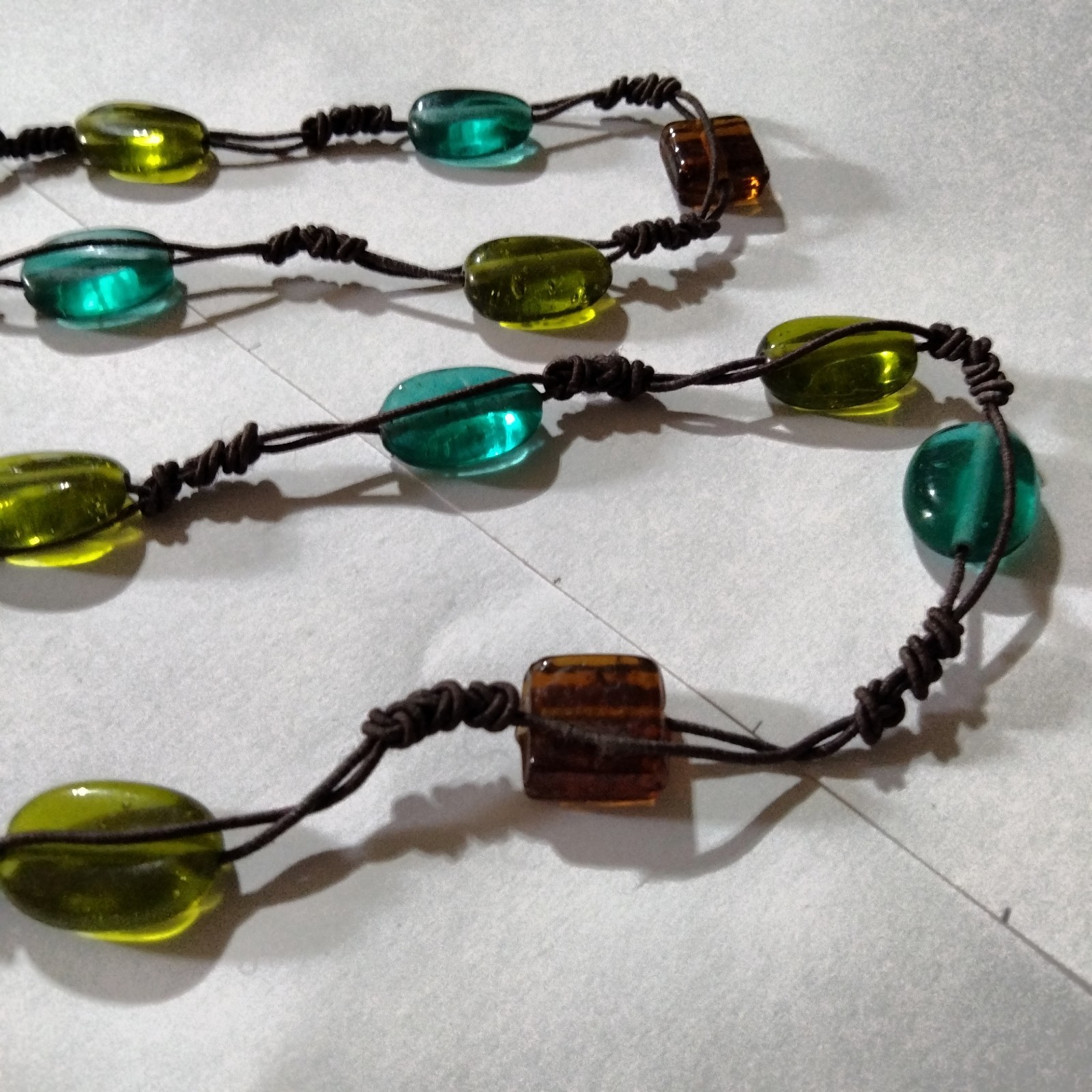 Vintage Glass Bead Station Necklace on Brown Cord Green Blue Boho 34 in.