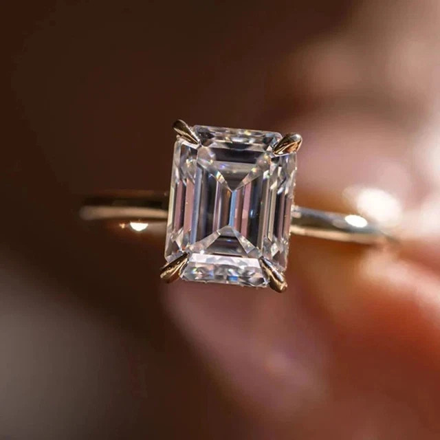 3.20Ct Emerald Moissanite Hidden Halo Solitaire Ring 925 Silver 14K Vermeil Gold