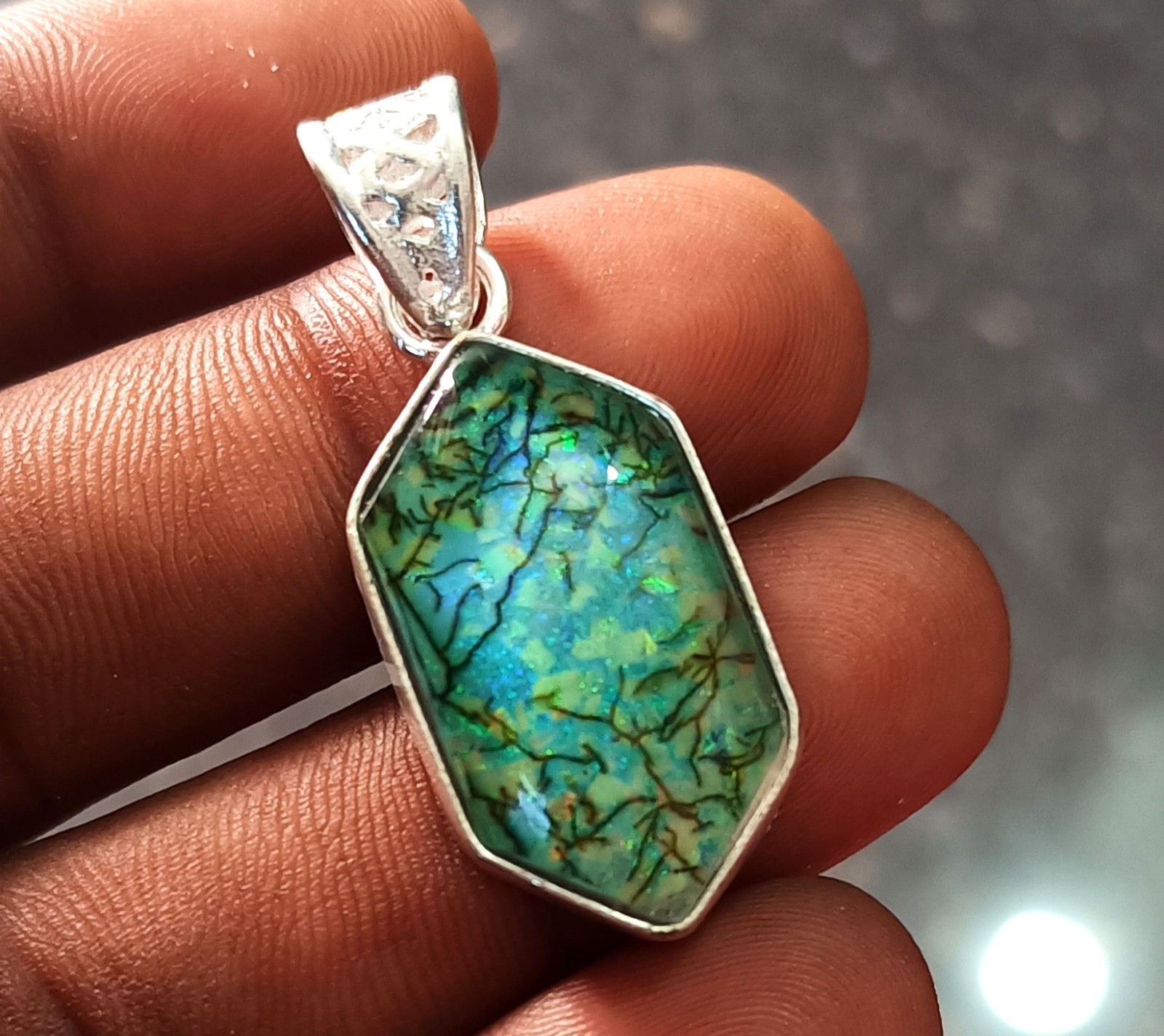 32.70 Ct Natural Aurora Opal Pendant 925 Silver Handmade Jewelry Gemstone
