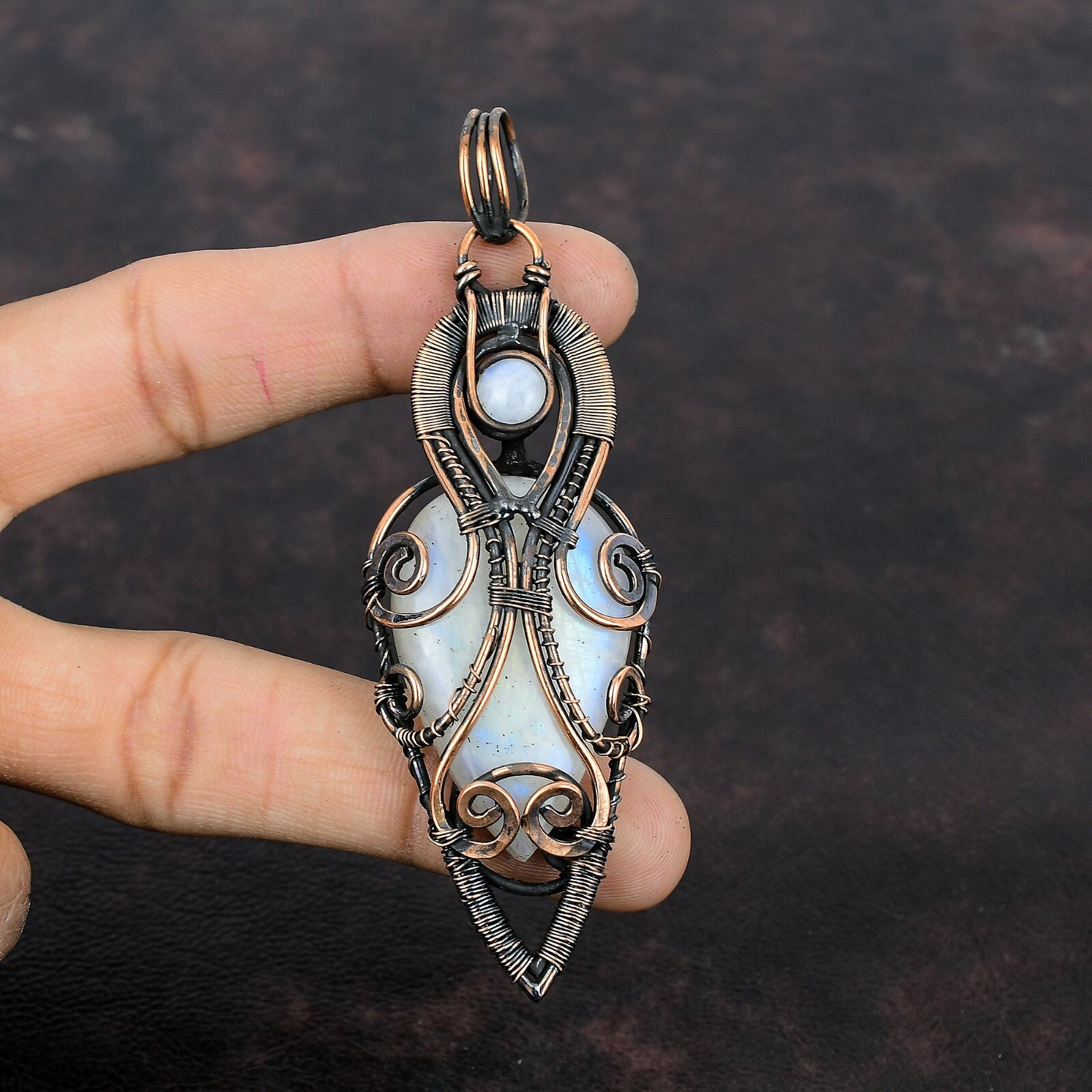Rainbow Moonstone Wire Wrapped Pendant Handcrafted Copper Unique Gift 3.94″