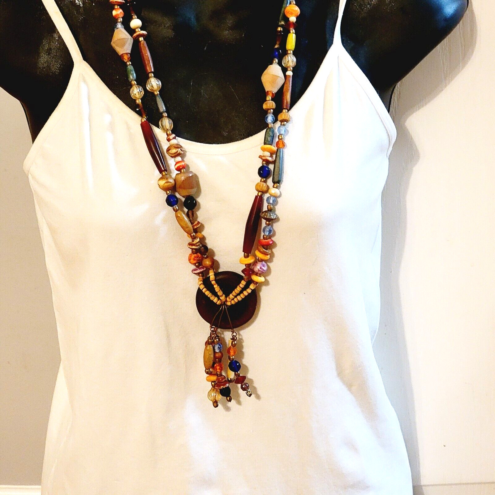 Tribal Beaded Necklace Pendant Colorful Mixed Materials Glass, Wood br01-02