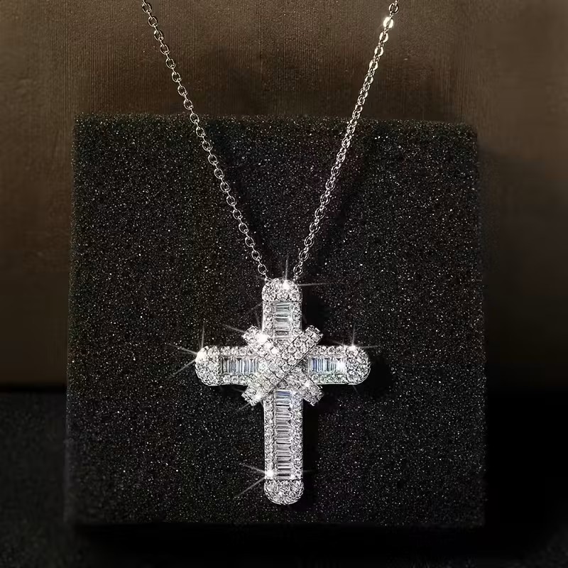 Elegant Baguette Cross Pendant Necklace for Women Silver Sparkling Crystal Gift