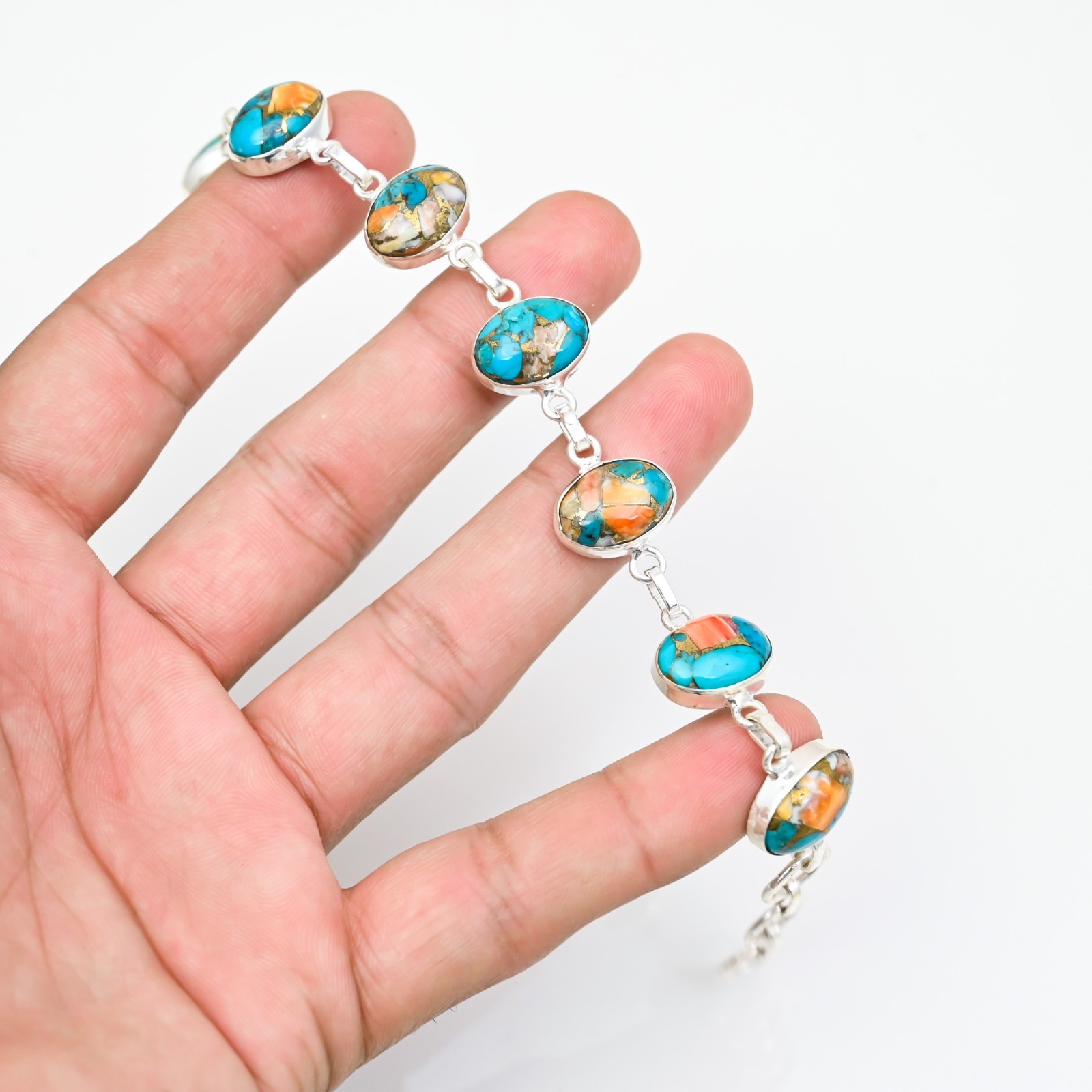 Copper Turquoise Gemstone 925 Sterling Silver Handmade Bracelet Jewelry Gift For