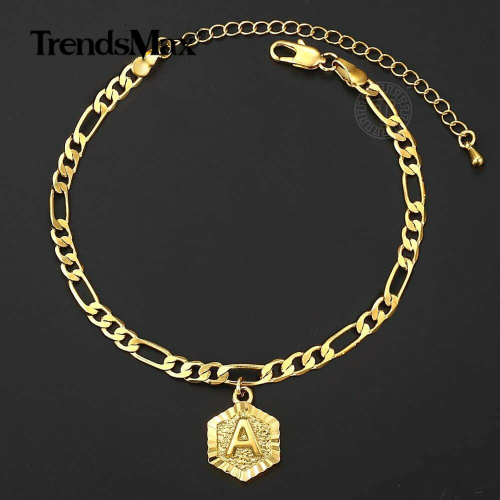 5mm Gold Plated Figaro Chain Initial Charm Anklet Bracelet Stainless Steel Ankle