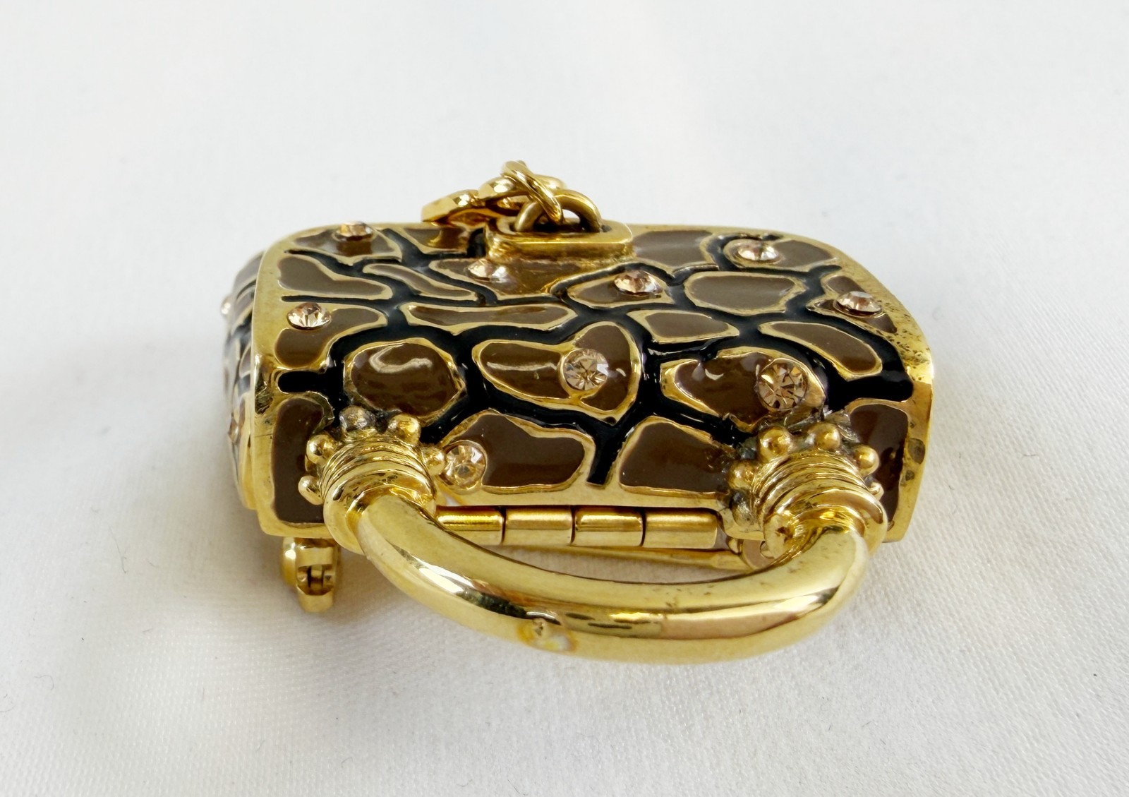 NEW ST. JOHN Handbag Brooch Brown Print Enamel Crystals 24KGP Logo Pin Enhancer
