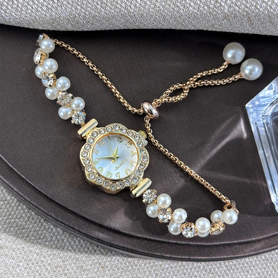 Double-Row Pearl Pull-Open Bracelet Diamond-Encrusted Case Arabic Numeral Scale