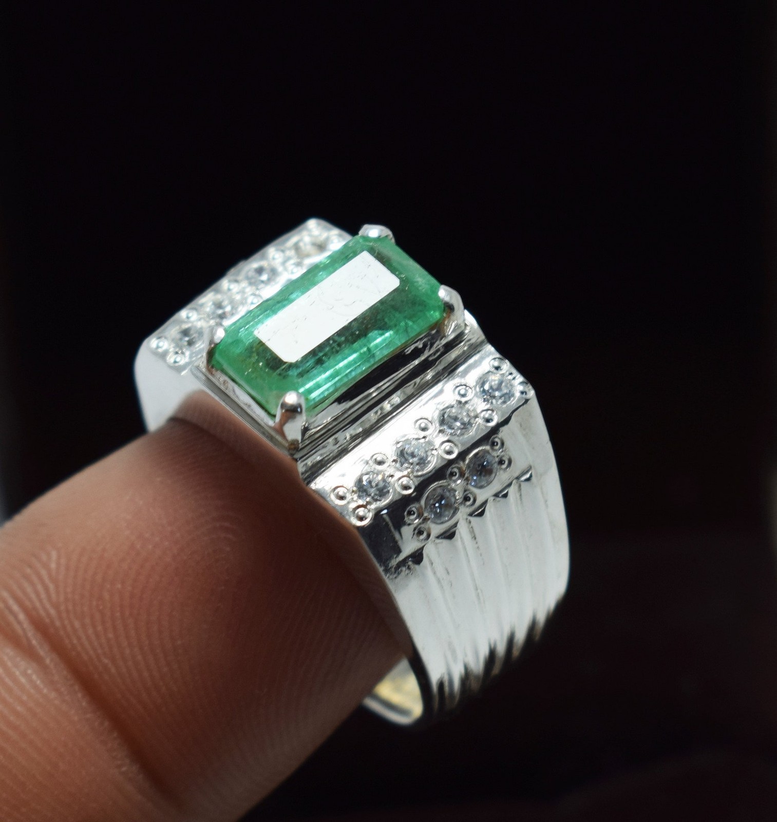 Emerald Ring: Natural Esmeralda, Sterling Silver & Zircon