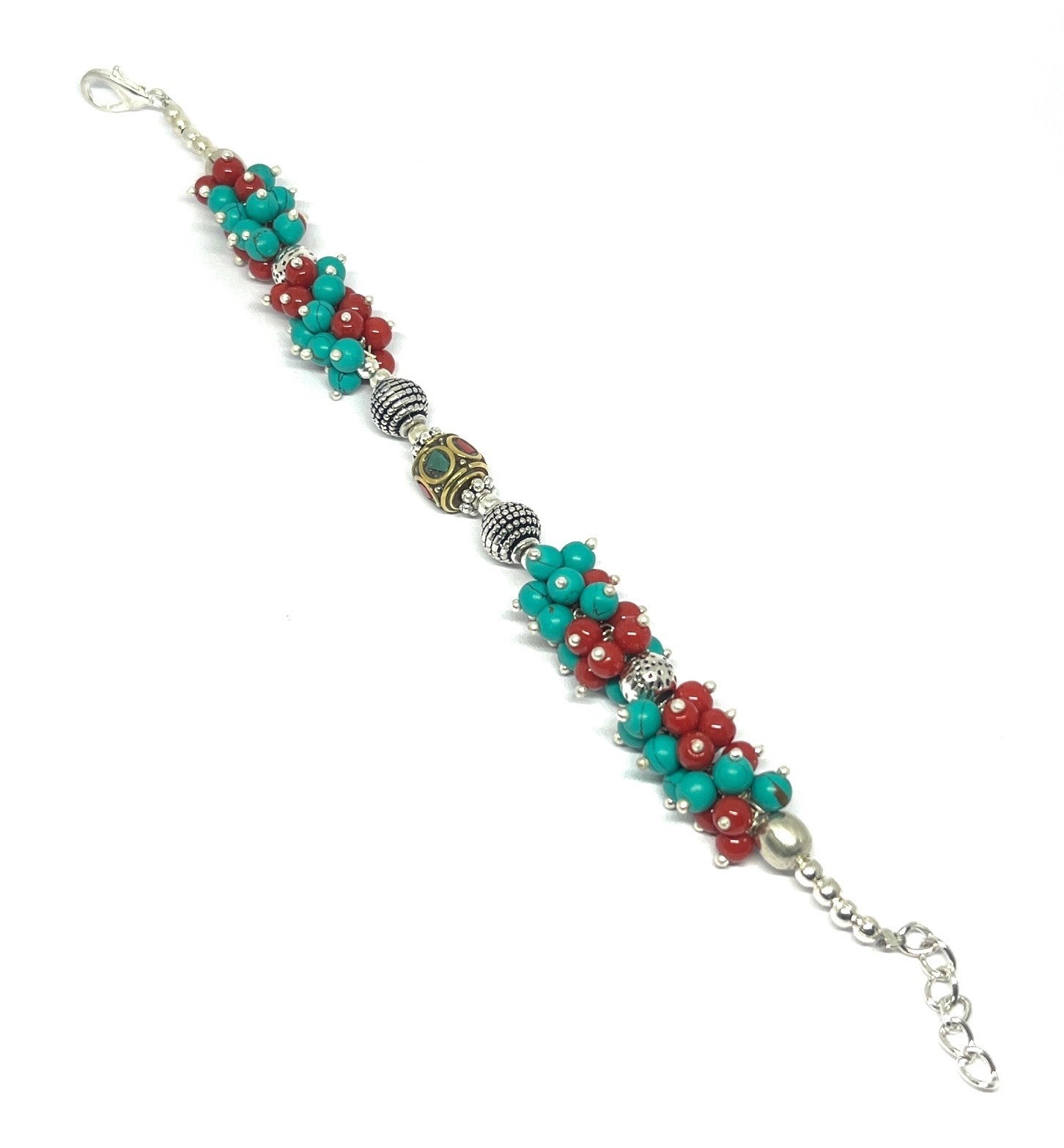 Ethnic Turquoise Red Coral Gemstone Tibetan Style Bracelet Jewelry, 7.0 Inch Adj