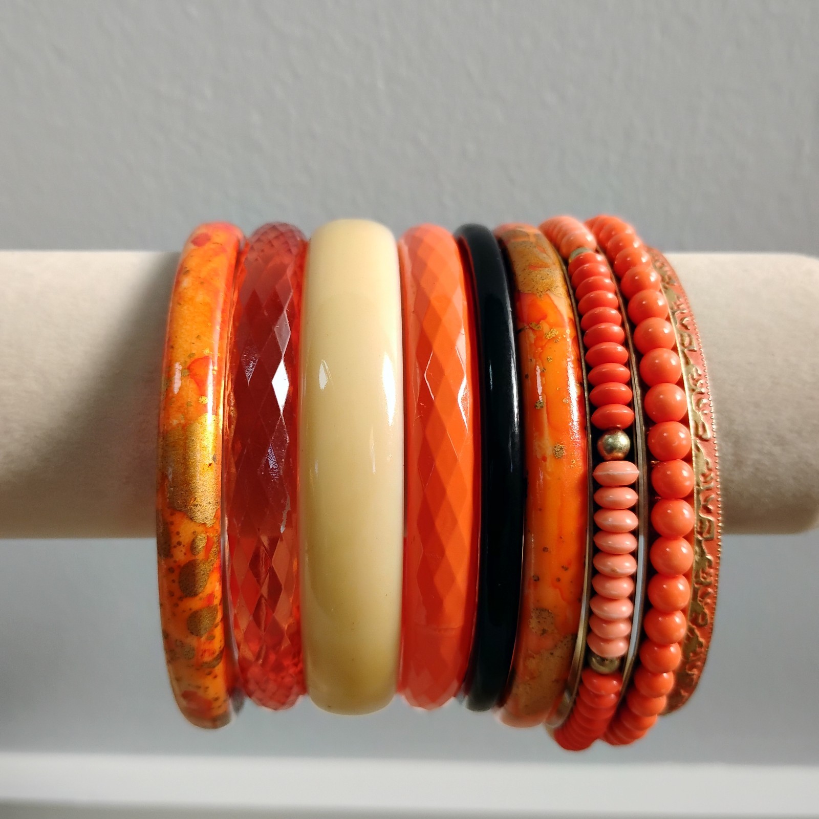 All Vintage Orange Bangle Lot Of 9 Metal Plastic Bracelets Sz 7.5-8.25