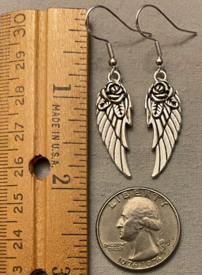 ROSE WINGS EARRINGS – Pewter w/Sterling Silver Ear Wires BIRD ANGEL FAIRY ICARUS