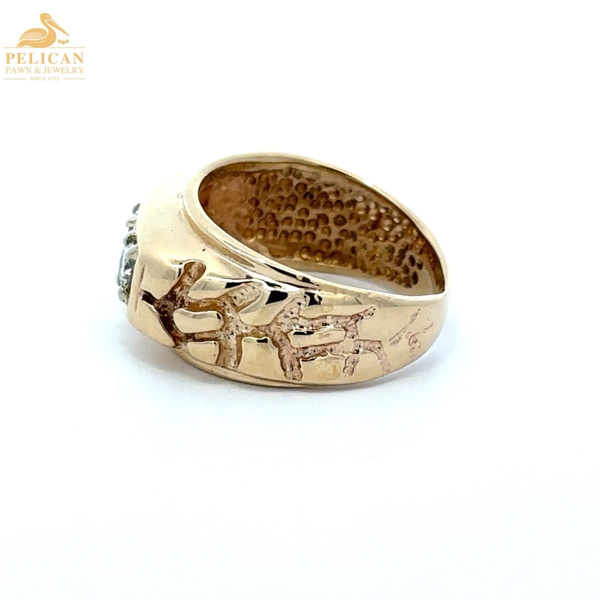 Retro Three-Stone Diamond Gold Nugget Ring 10KT Yellow Gold SZ 6.5 (PSH044027)