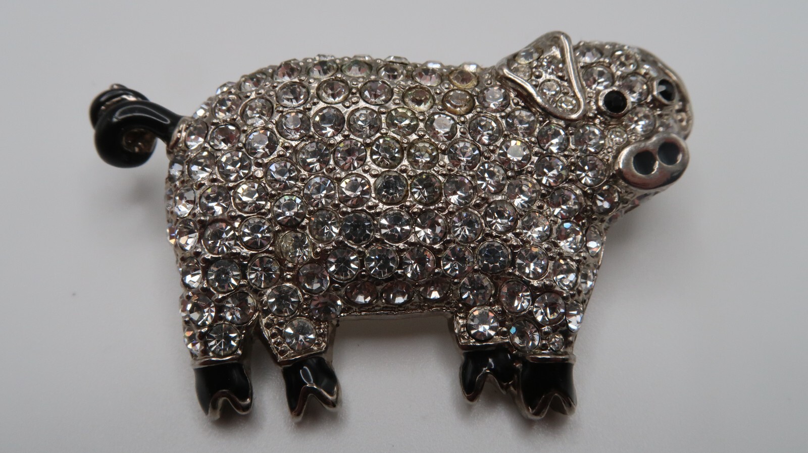 Vintage Silver Rhinestone Pig Brooch 5.5cm BB11