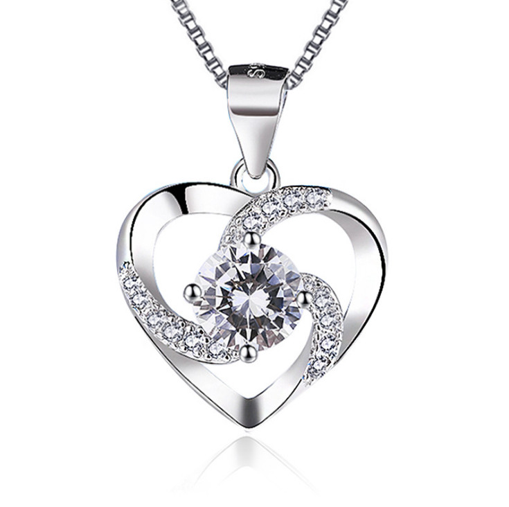 18″ Sterling Silver Diamante Zirconia Heart Love Pendant Necklace Gift Box A2