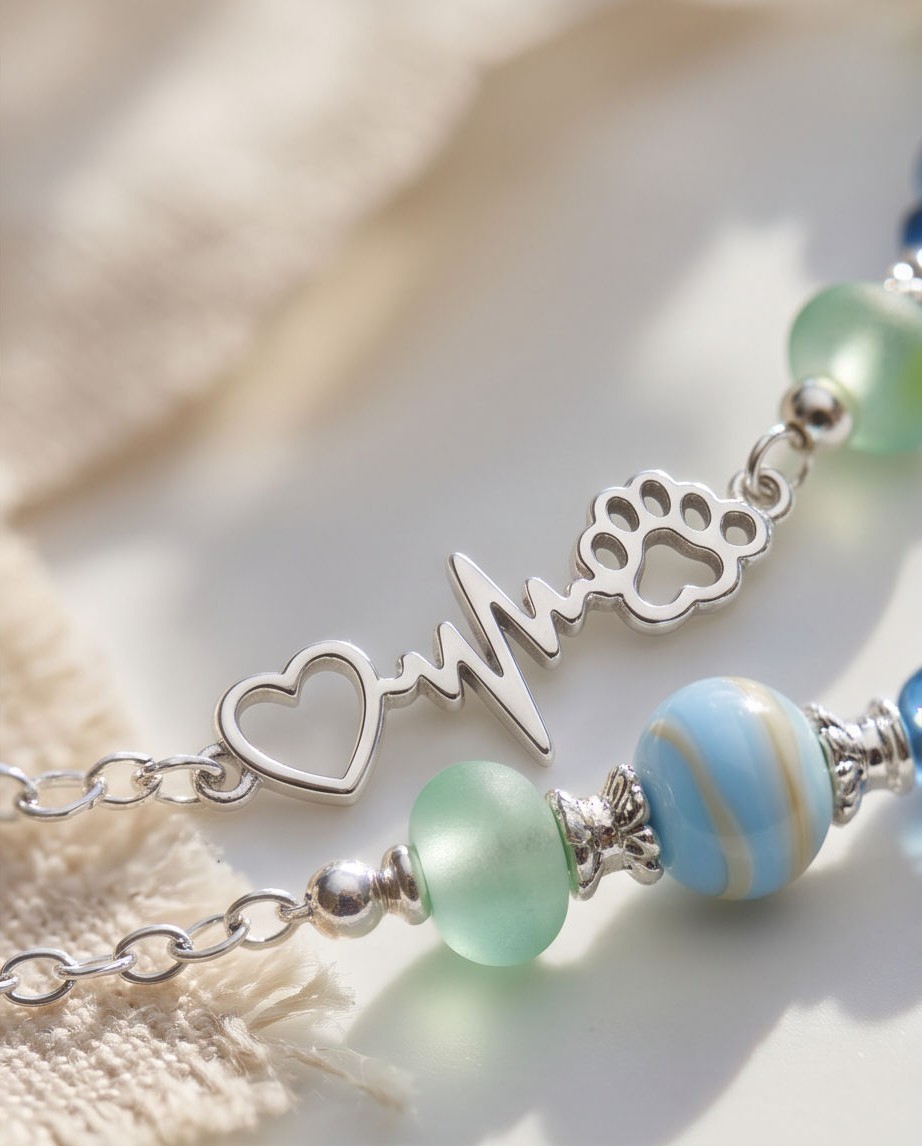 Silver Tone Blue & Green Glass Beaded Necklace Heart Paw Print Charm