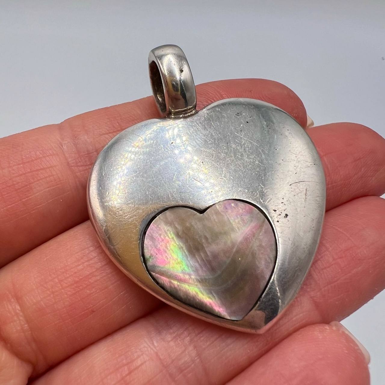 Large Vintage Sterling Silver 925 Abalone Women’s Pendant Heart Signed 22.5g