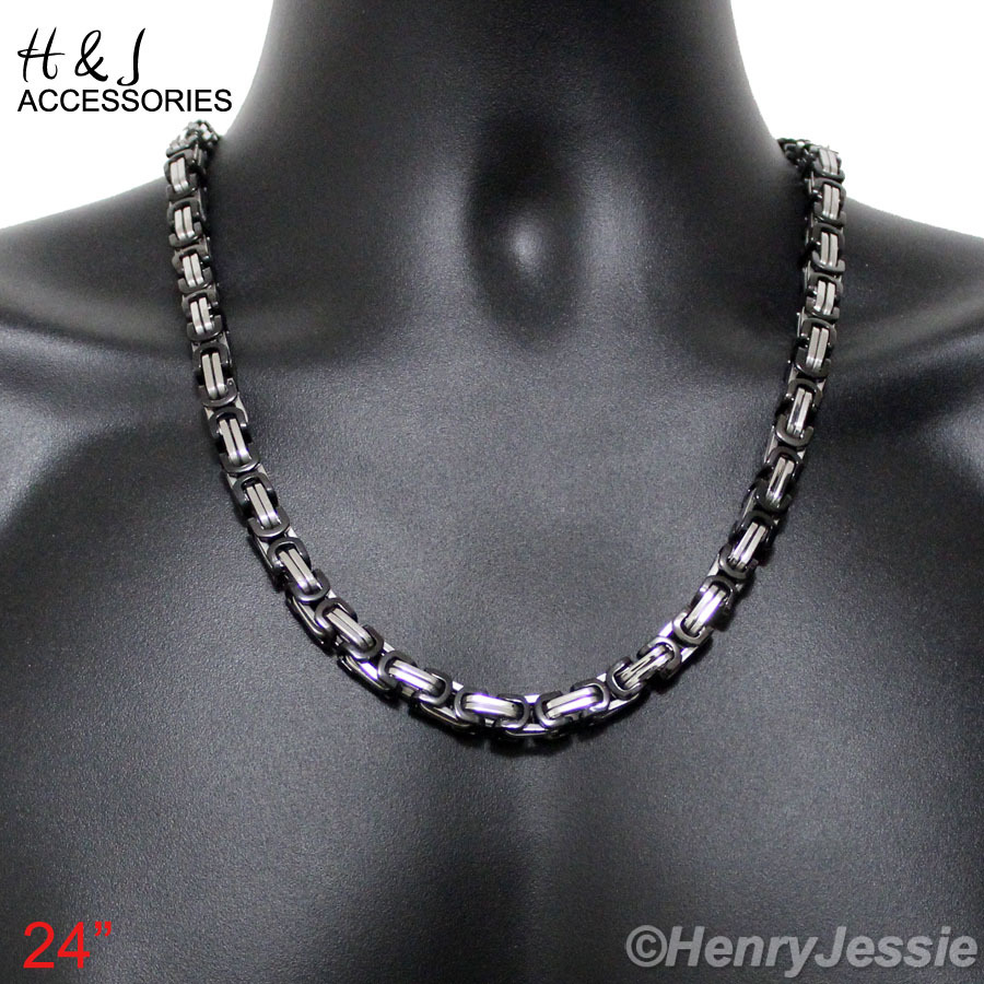 18-40″Stainless Steel 9mm Silver/Black Plated Byzantine Box Chain Necklace*NS