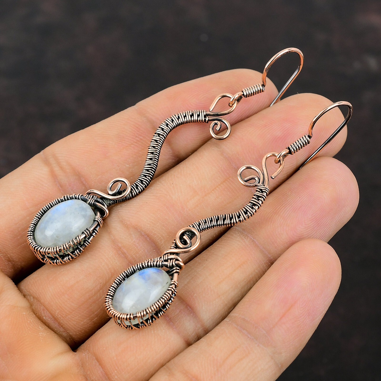 Rainbow Moonstone Copper Gift For Mother Wire Wrapped Drop/Dangle Earrings 2.72″