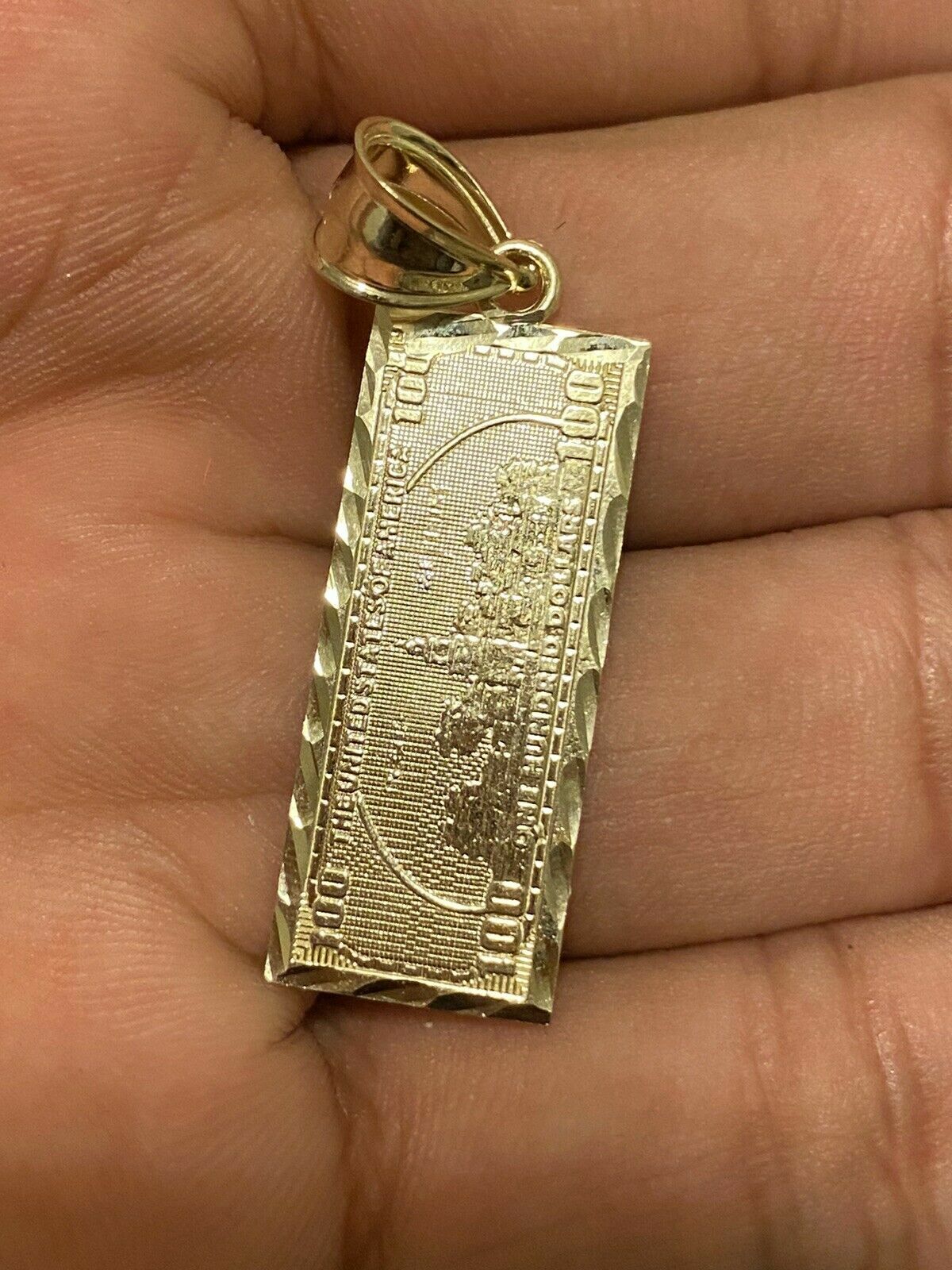 10K Yellow Gold Men’s $100 Dollar Bill Pendant Diamond Cut, 10KT Real Gold, NEW!