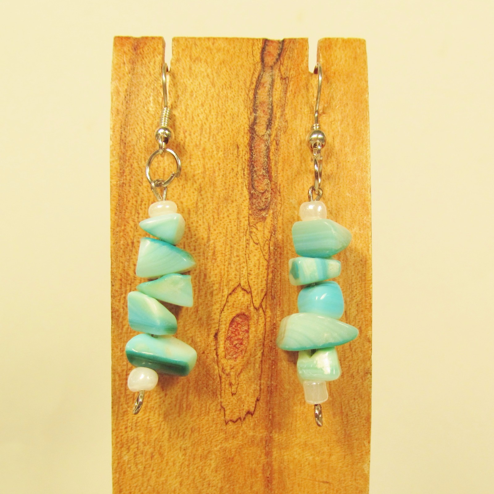 1 1/2″ Aqua Turquoise Color Stacked Shell Chips Handmade Drop Dangle Earring