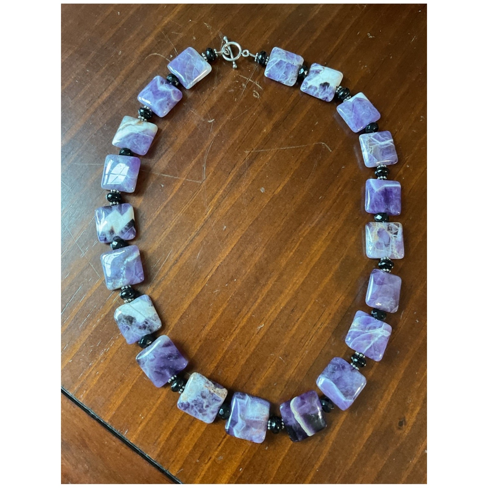 Vintage Sterling Silver Chevron Amethyst Beaded Toggle Clasp Necklace