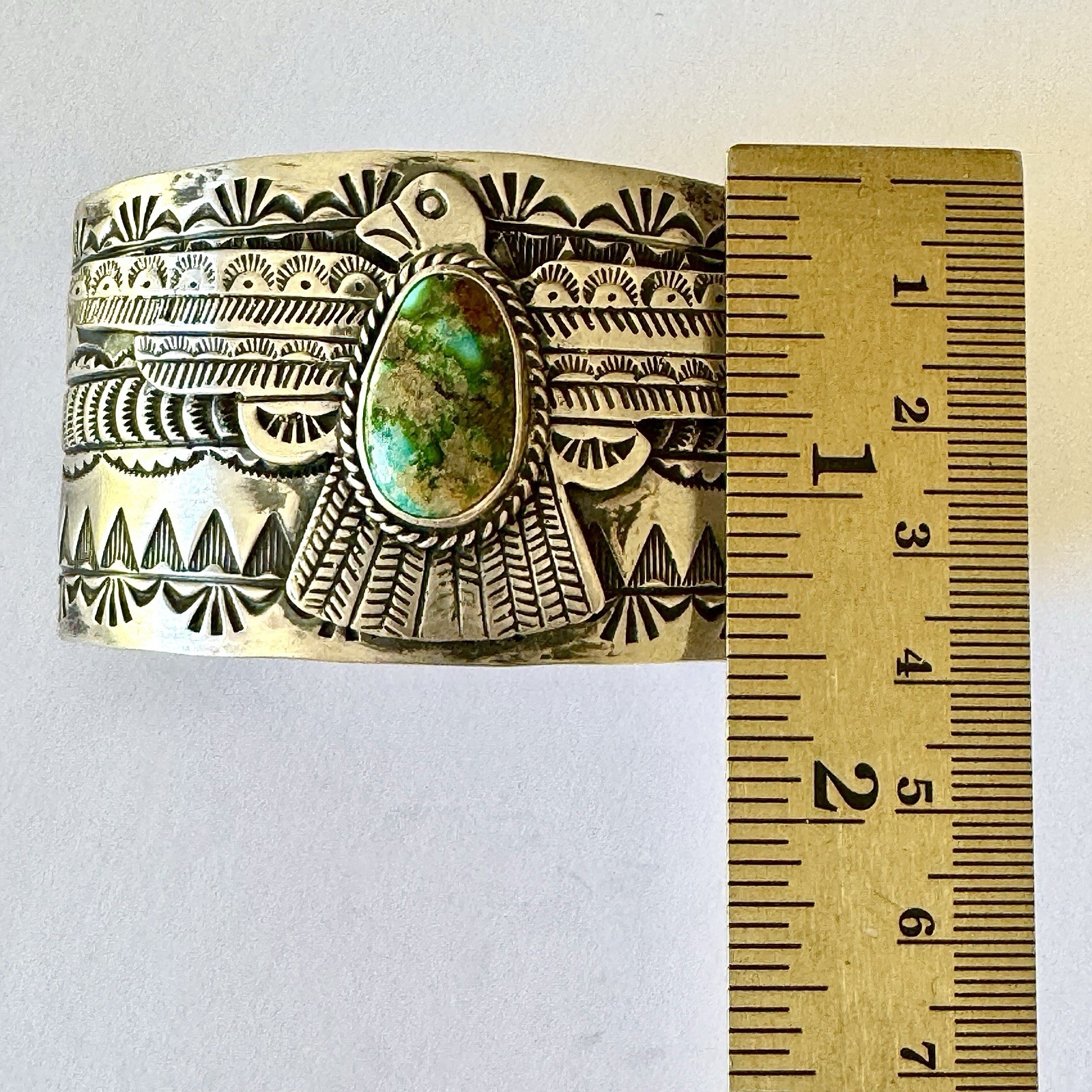 Wide Navajo Thunderbird Turquoise Cuff Bracelet 7in Charles Johnson 88g Stamped
