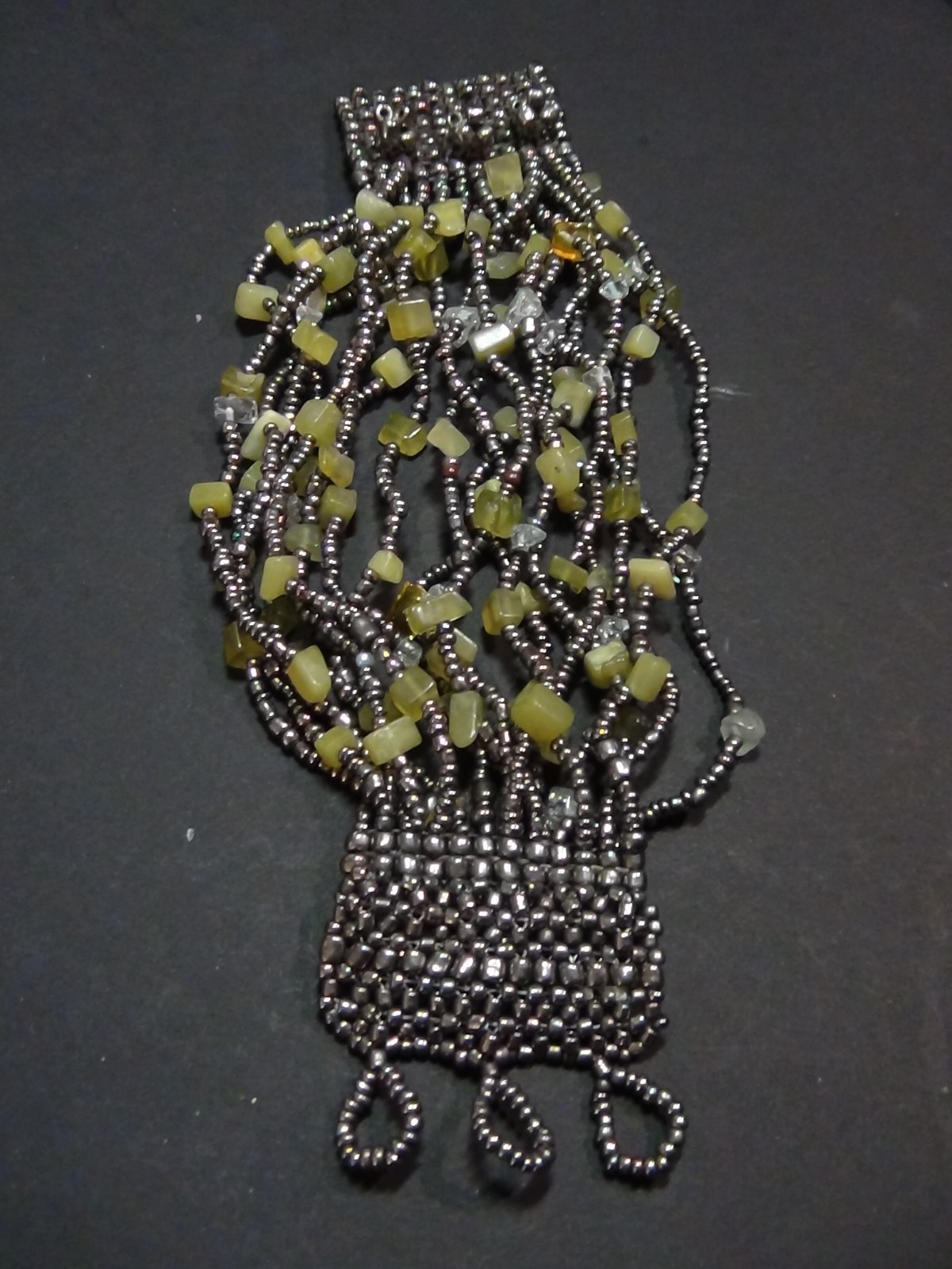 Multi-wrap Bracelet Cuff Beaded Glass Grey Lime Green Bracelet Button Closure