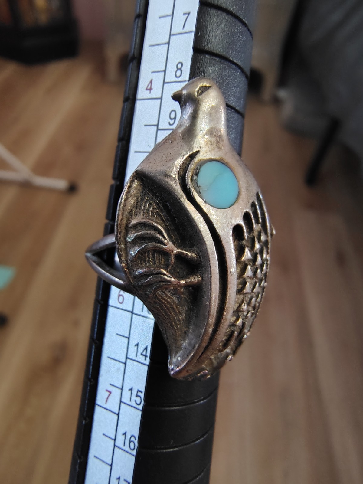 Navajo Quail Ring Sterling Silver with Inlaid Turquoise Size 5.5