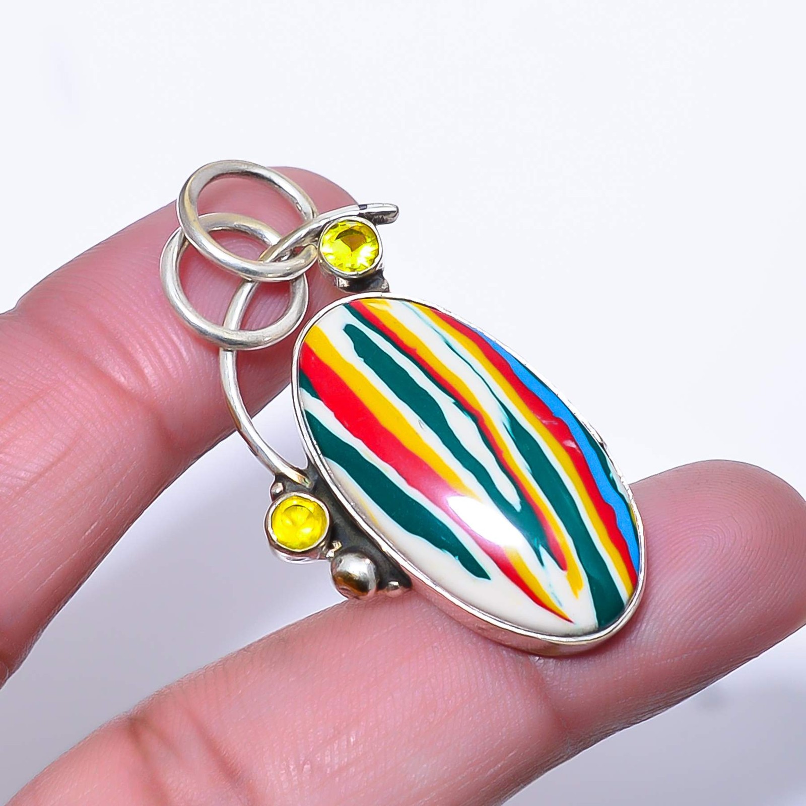 Rainbow Calsilica & Citrine 925 Sterling Silver Pendant 1.68″ A330 Gift for her