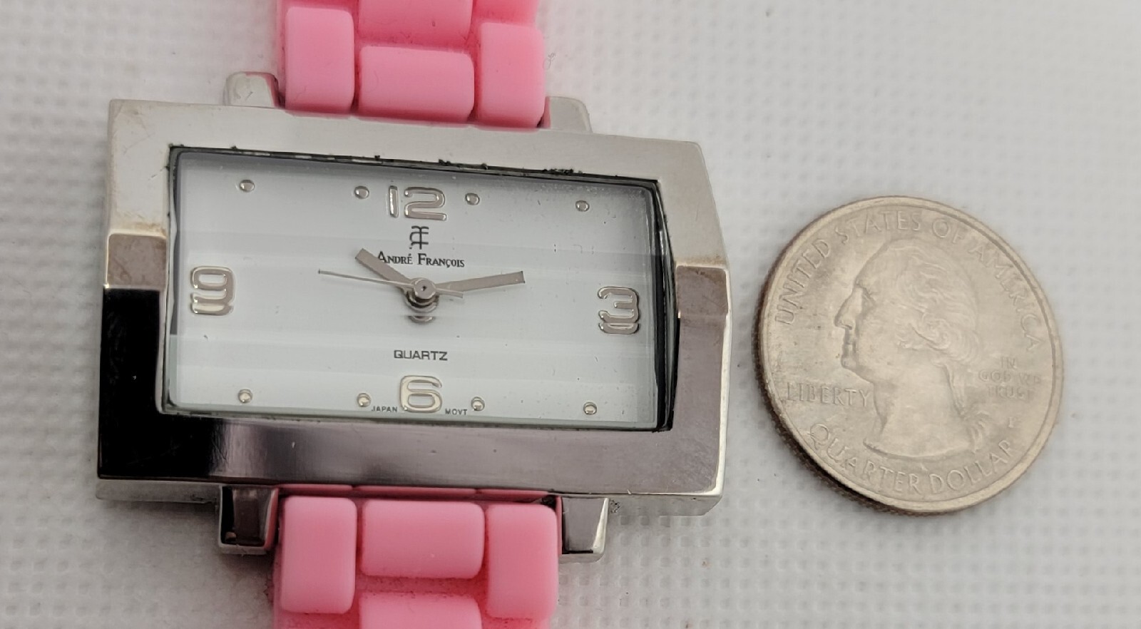 Ladies Andre Francois Rectangle Silver Tone Pink Rubber Band Analog Watch I5