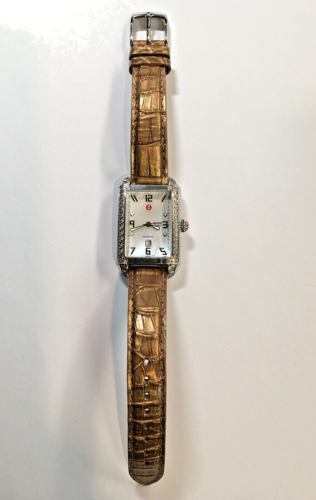 Michele Diamond Milou Park Rectangle Watch Gold Strap Mother of Pearl