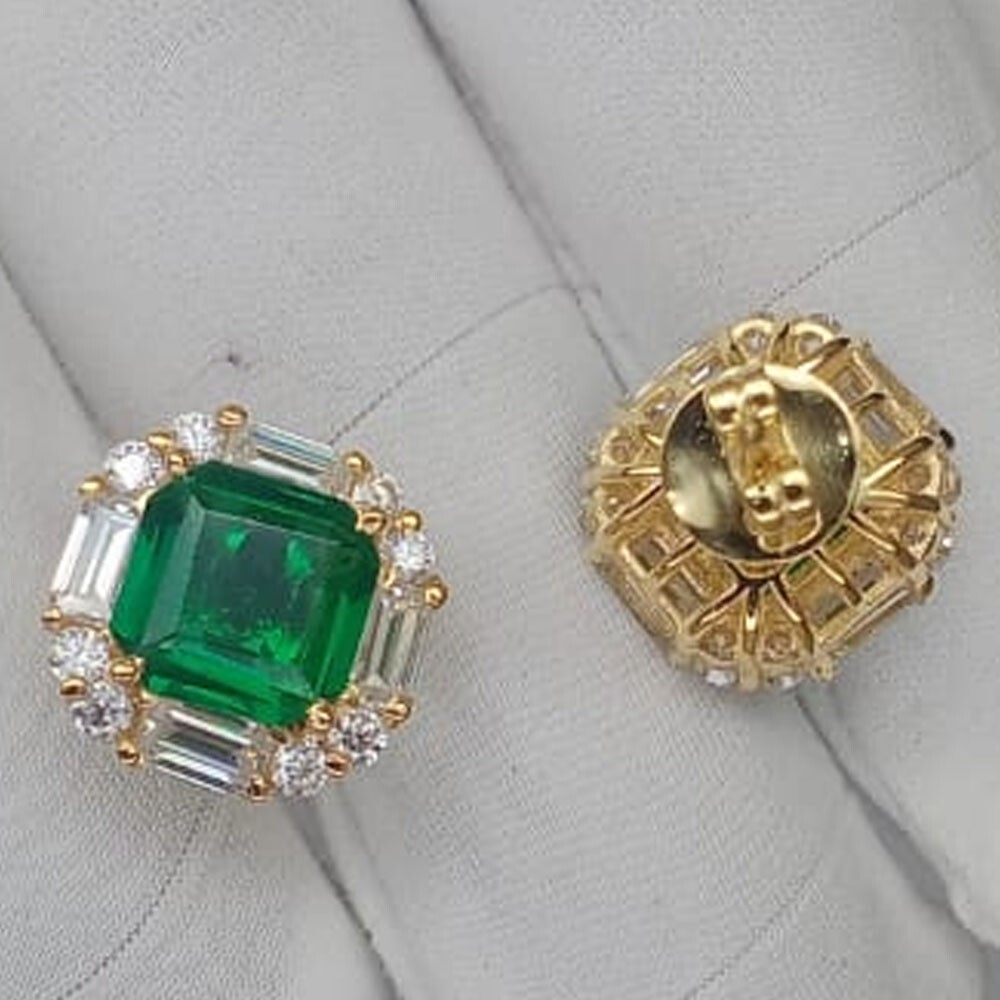 5.16Ct Asscher Cut Natural Emerald & Diamond Stud Earring 14K Solid Yellow Gold