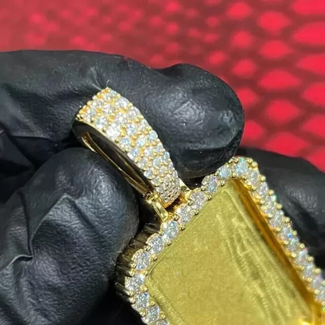 3Ct Round Cut Moissanite Unisex Rectangle Memory Pendant 14K Yellow Gold Plated