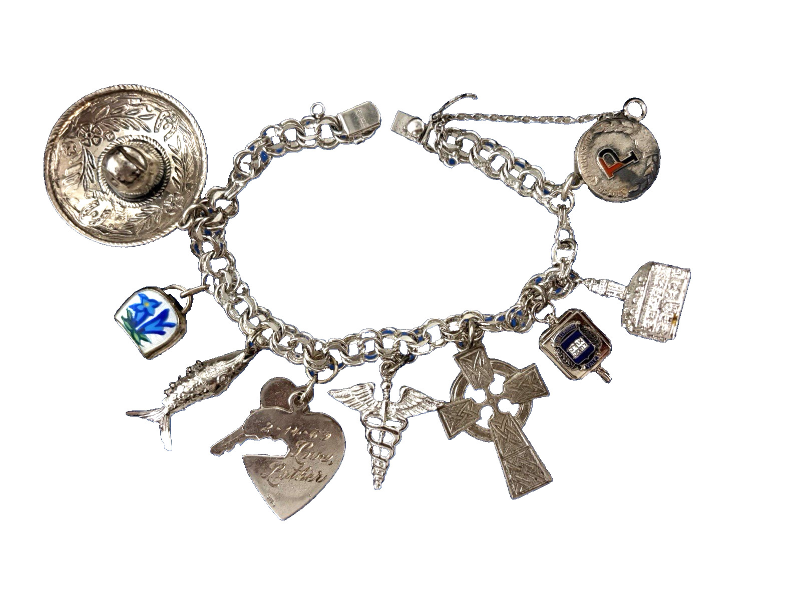 Sterling SIlver Charm Bracelet 50g Vintage 1960s American Yale Doctor 10 Charms