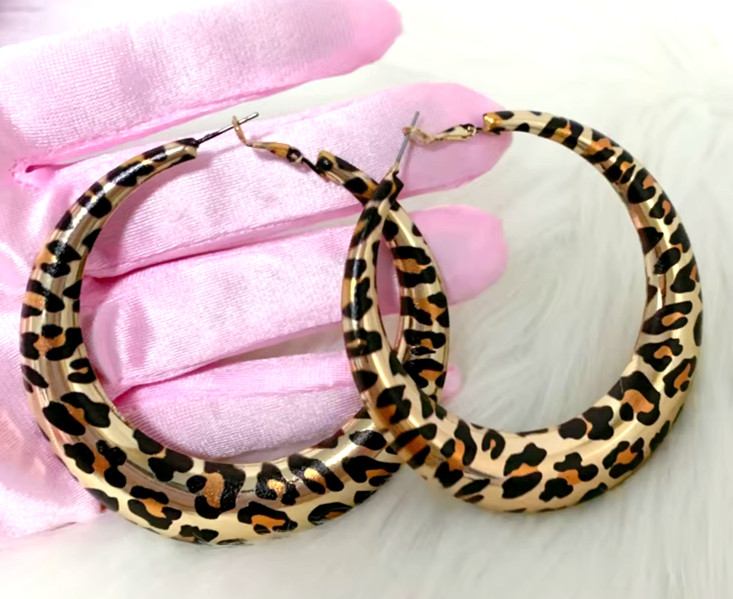 Big LEOPARD Animal Print HIP HOP Gold HOOP Leverback Betsey Johnson Earrings