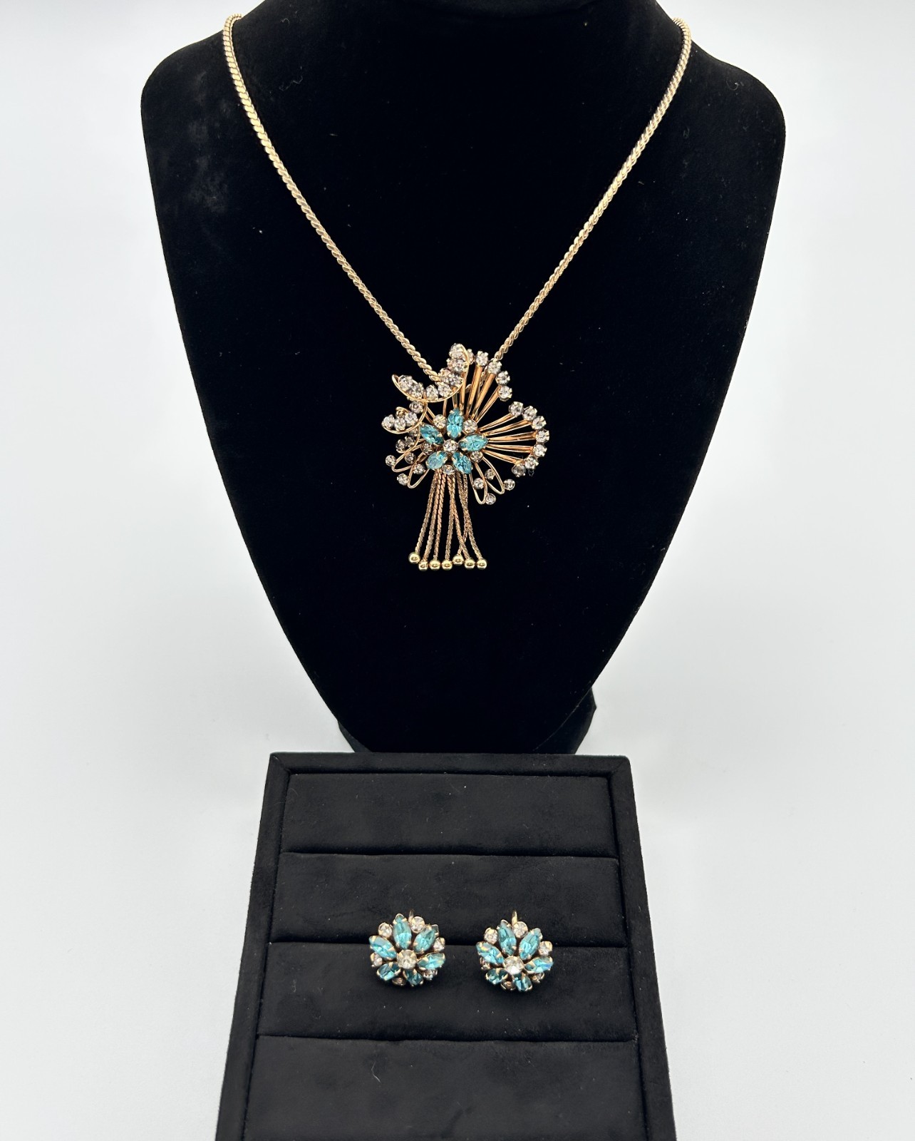 Vintage 12K Gold Filled MSK Floral Turquoise Rhinestone Necklace Earrings Set 35