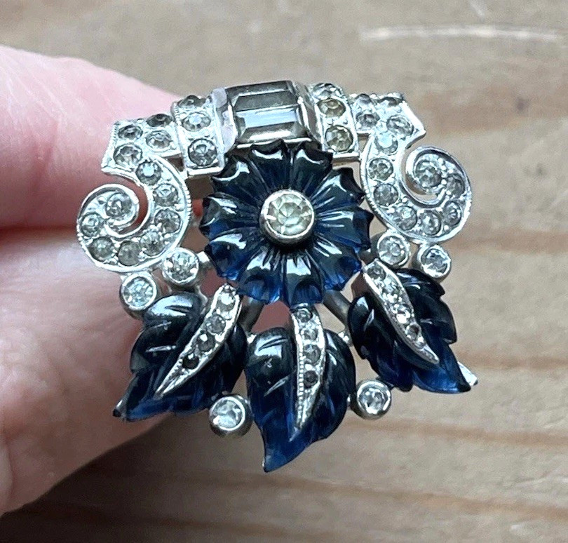 Antique Art Deco Blue Molded Fruit Salad Dress Fur Clip Brooch Coro 1/2 Duette