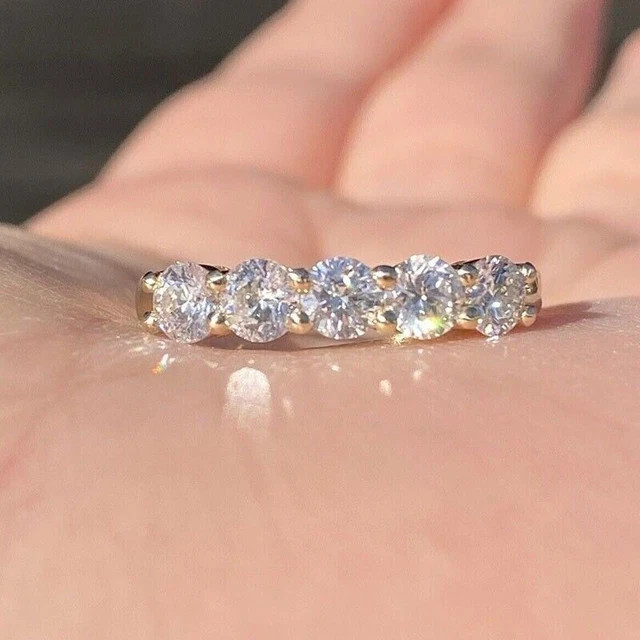1CT Round Cut Moissanite Band Five Stone Wedding Ring 14K Yellow Gold Plated
