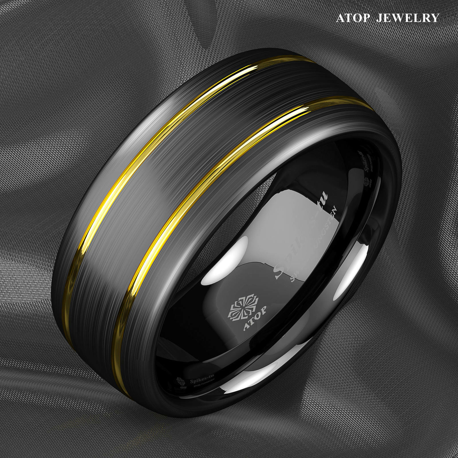 8mm Tungsten Ring Black Brushed Dome 18k gold Wedding Band ATOP Mens Jewelry