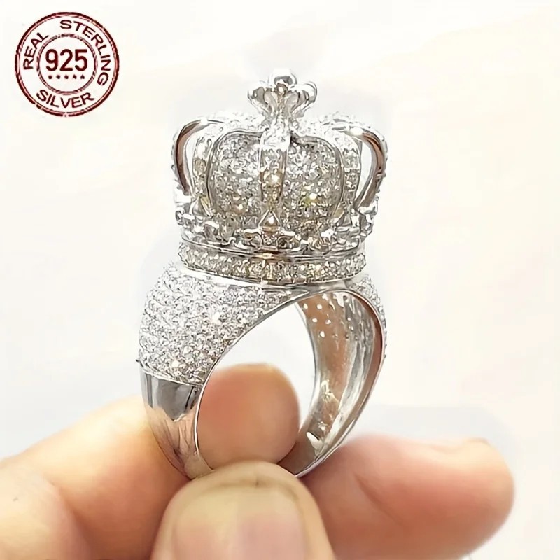 Luxury Iced Out Crown Ring 925 Sterling Silver Men’s Pinky Hip Hop Vintage CZ