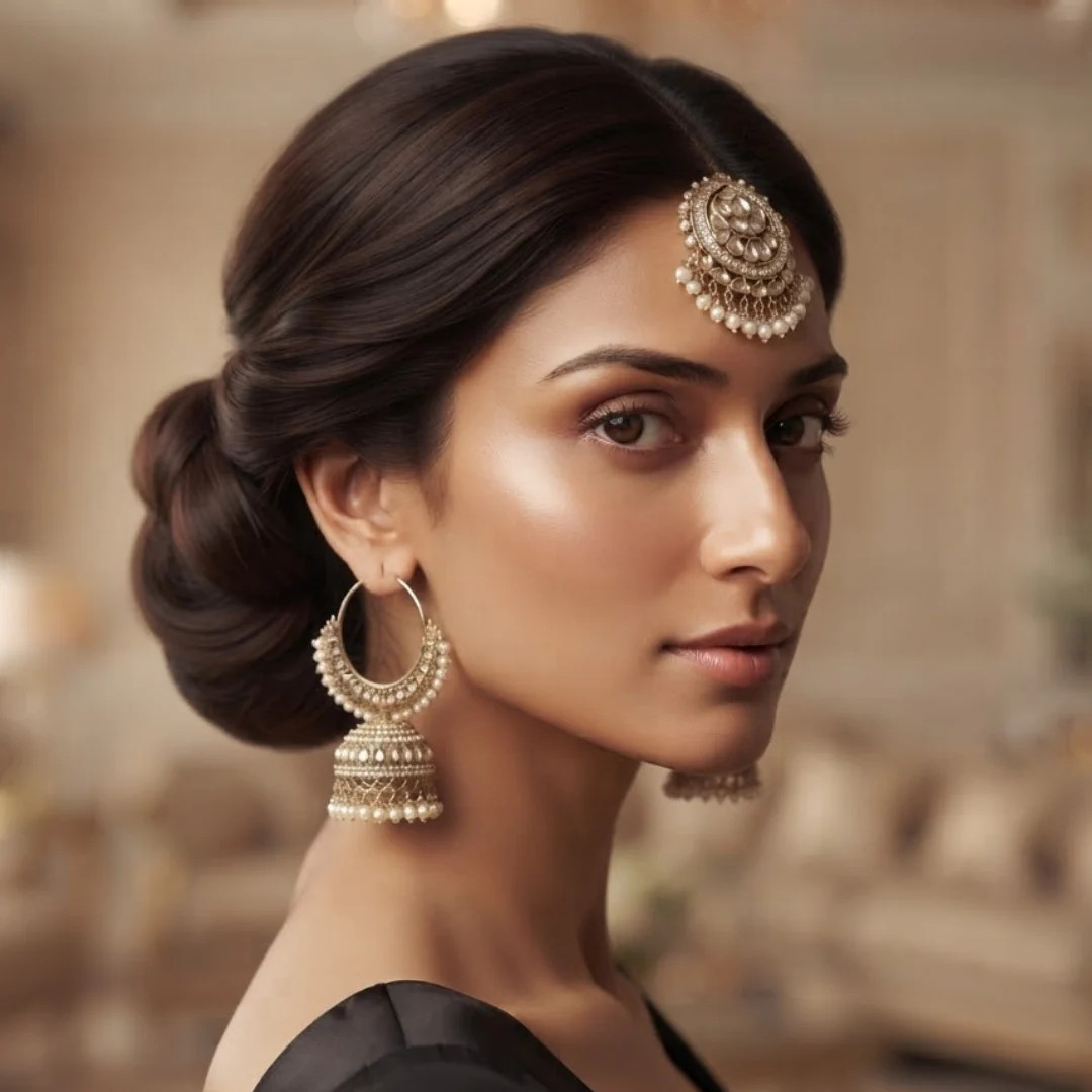 Dina Gold Jhumka tikka Earrings Set – Traditional Gold Tone Jhumka Earrings and