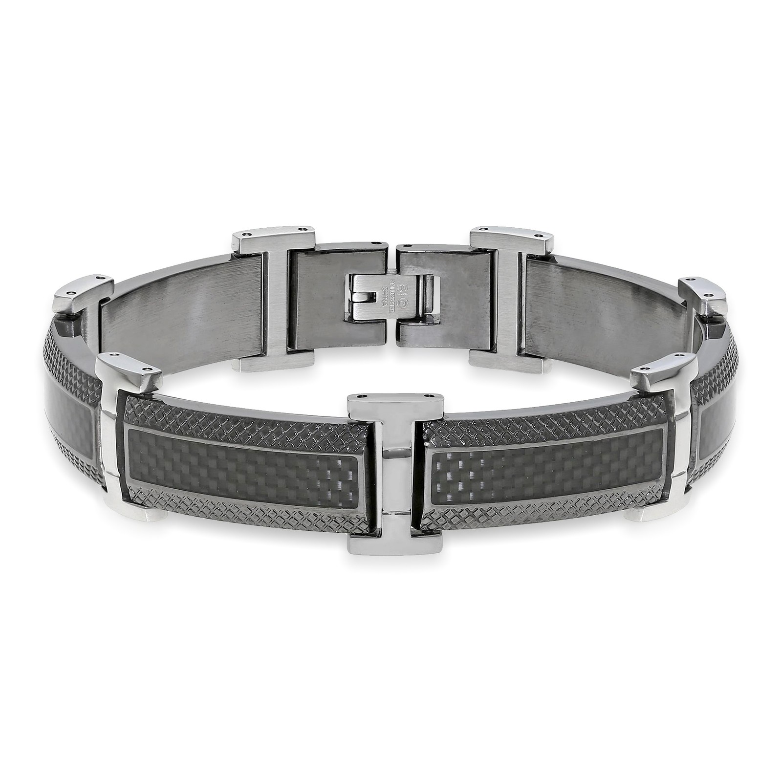 Black Ion Plated Stainless Steel Carbon Fiber Link Bracelet For Men – 8.5 Inch