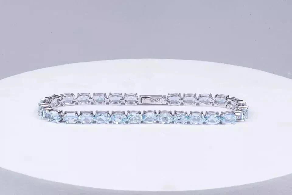 9Ct Oval Cut Lab-Created Aquamarine Women Tennis Bracelet 14K White Gold Plated