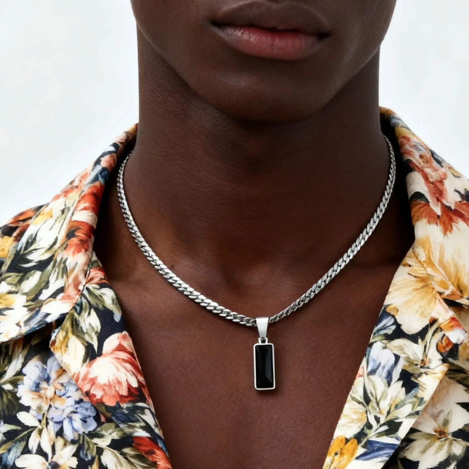 Mens Geometric Stone Pendant Necklace Stainless Steel Cuban Chain Hip Hop Gift