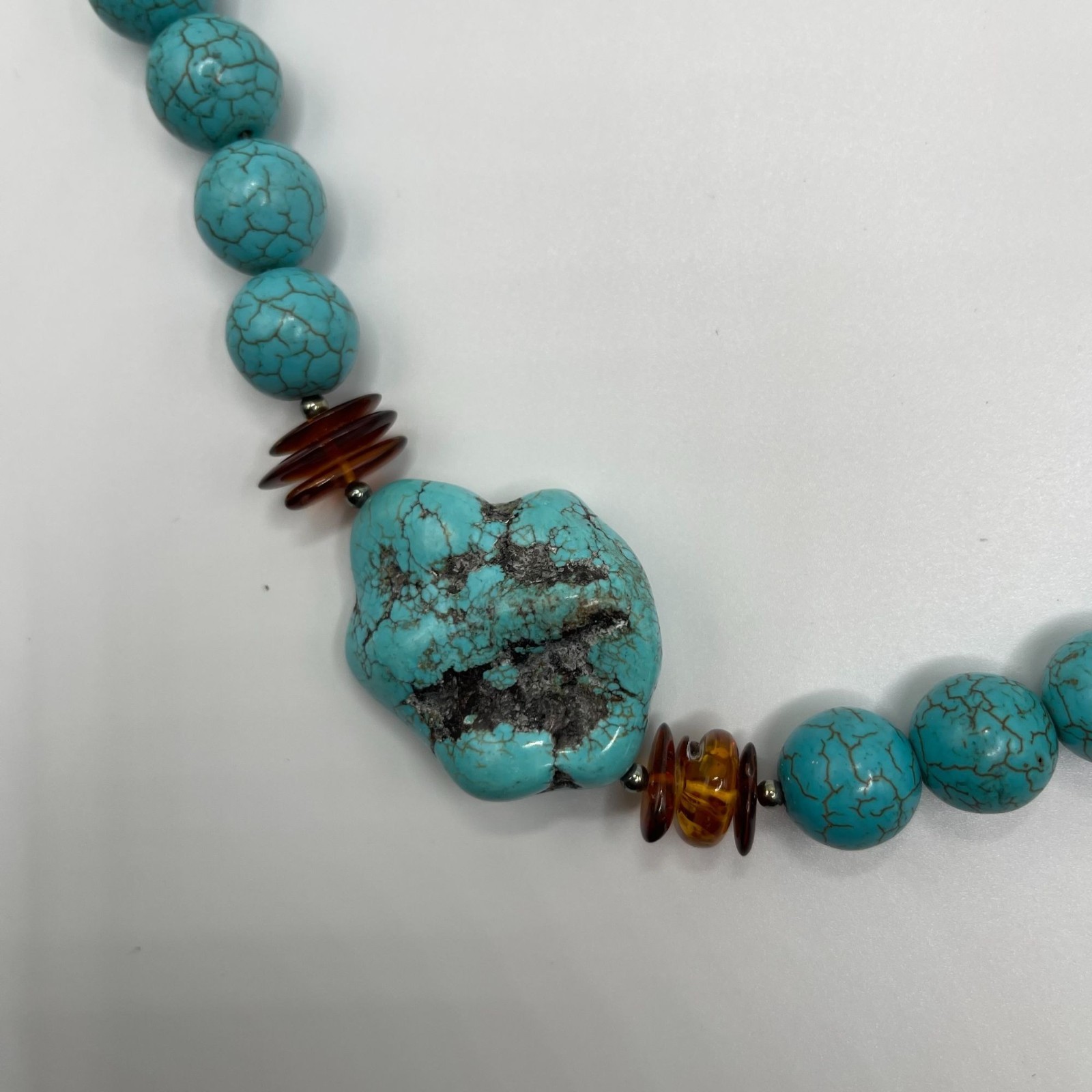 Turquoise Beaded Necklace Amber Accents & Toggle Clasp