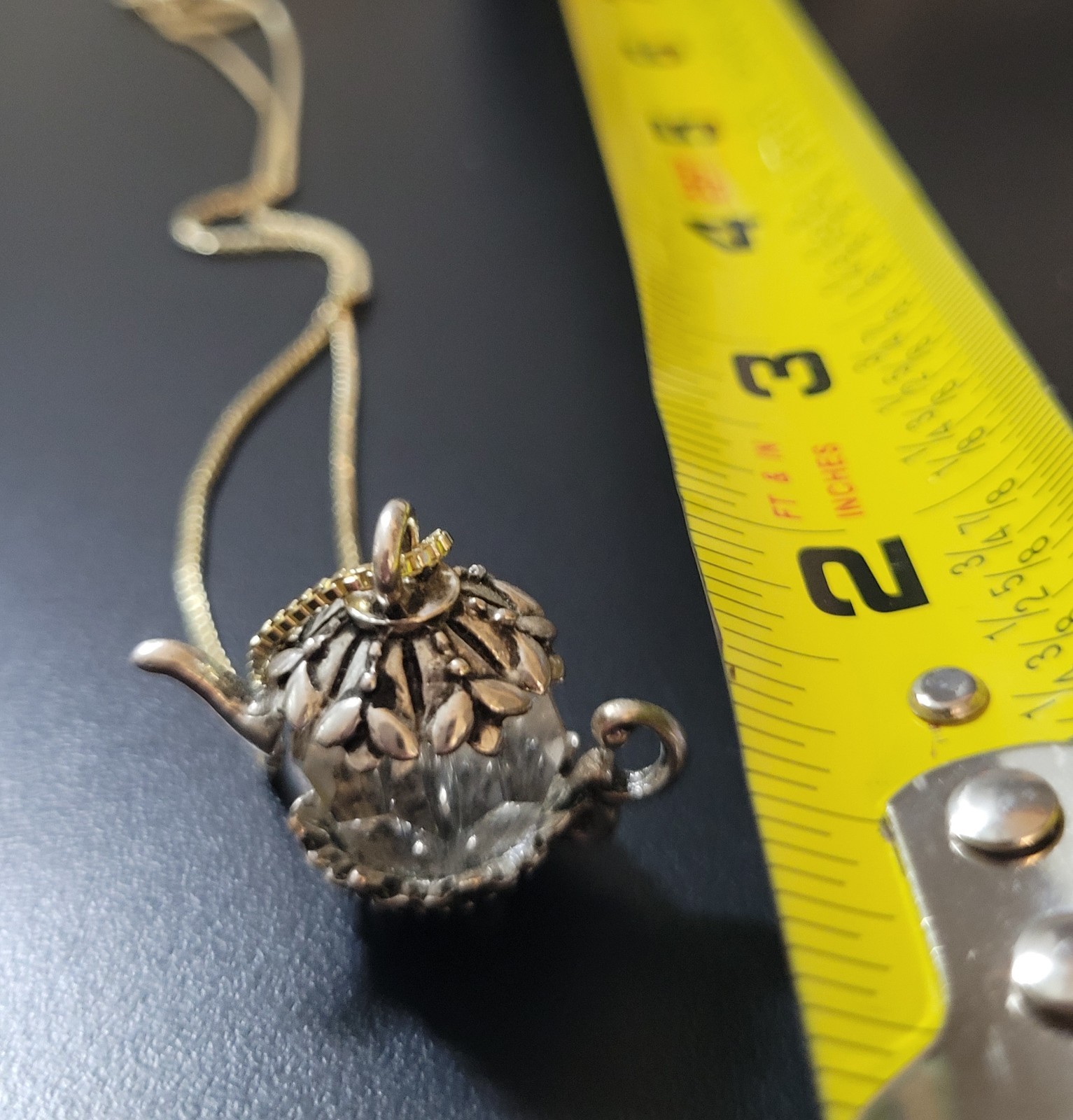 Silver Chain Necklace W/ Whimsical Teapot Charm Pendant Clear Crystal 19-24in